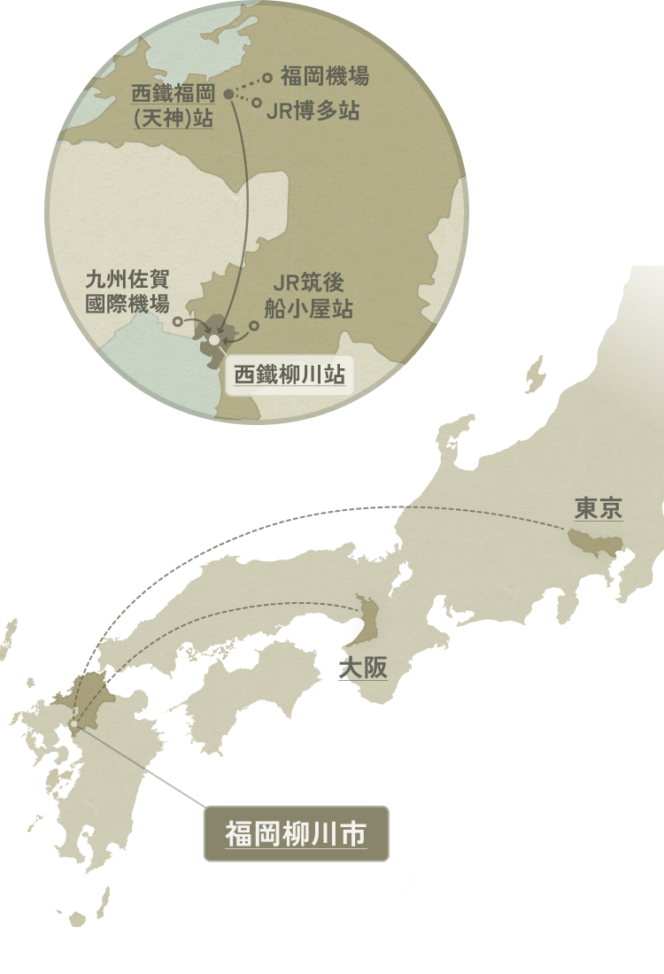 柳川市旅遊地圖示意圖。 主要的旅遊景點和景點以圖示展示，水道與街道的布局也以視覺化呈現。 同時也設有Donko船台及著名美食介紹點。