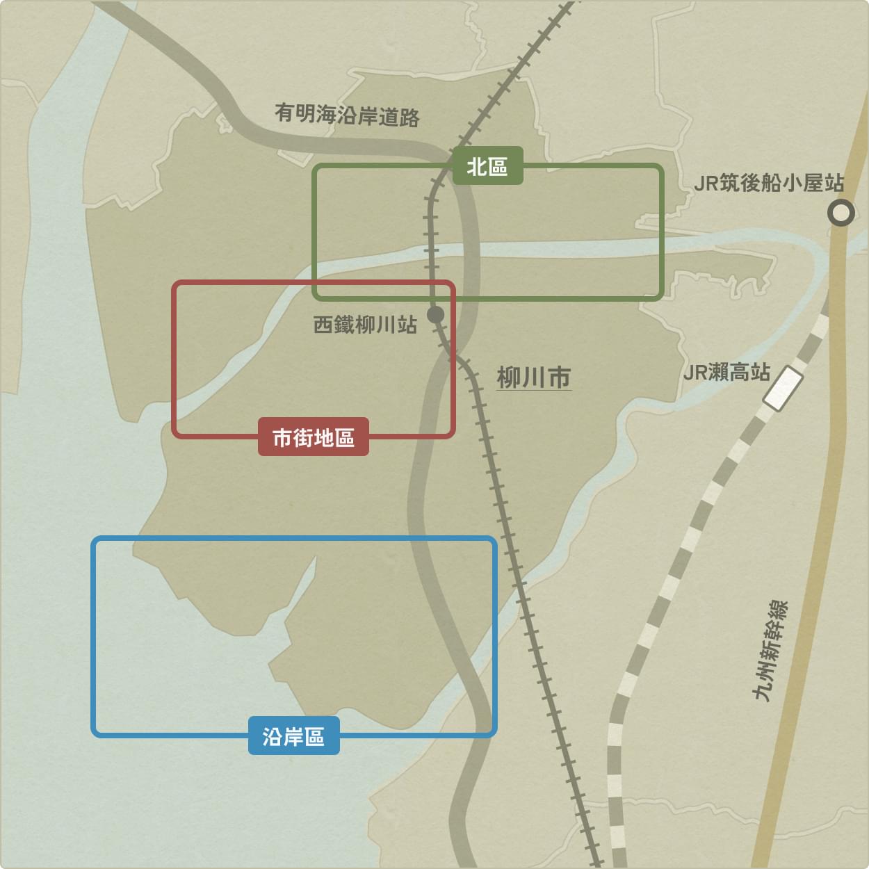 柳川市的進出地圖。 主要交通工具和路線標示出來，你一眼就能看到如何搭乘火車、公車或開車前往。