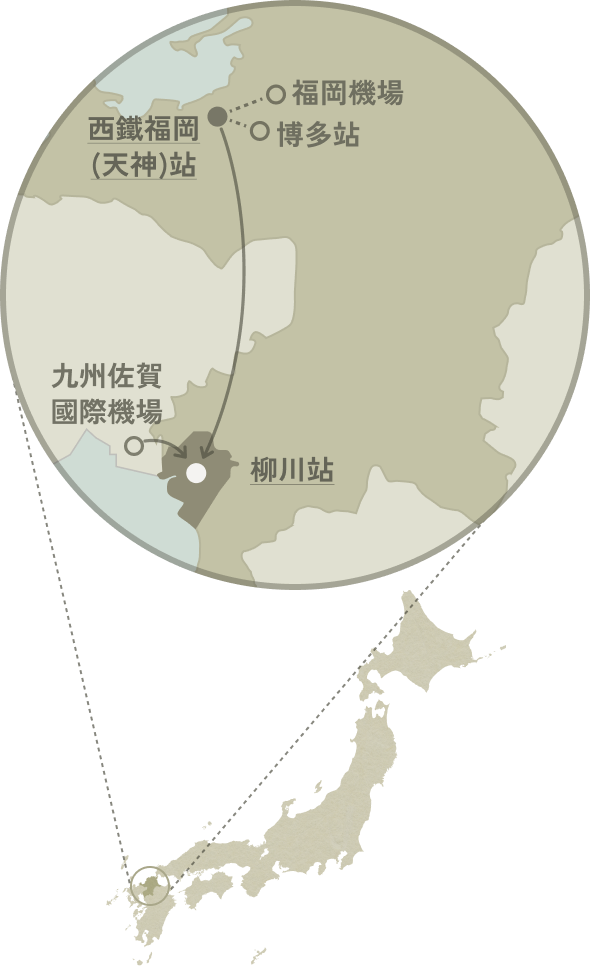 柳川市的插畫版觀光地圖。圖中以圖標標示主要觀光景點與名勝，水路及街道的配置也描繪得淺顯易懂。此外，還刊登了乘船處及特色美食等景點。